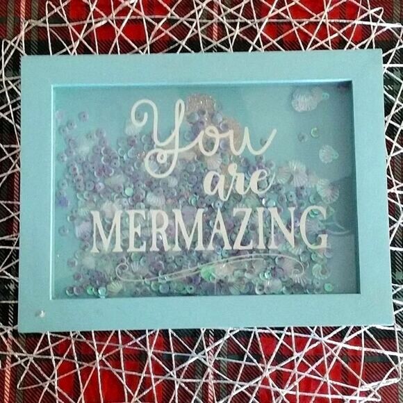You Are Mermazing Mermaid Blue Wood with Sequins in Glass Top Jewelry Box - Picture 3 of 17